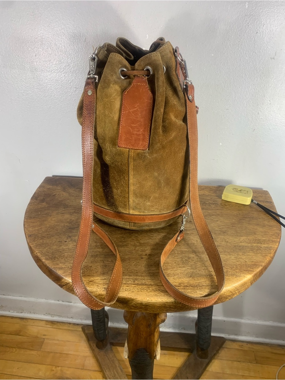 M
Vintage Suede Leather Bucket Backpack Bag – Olive Brown & Cognac Leather,